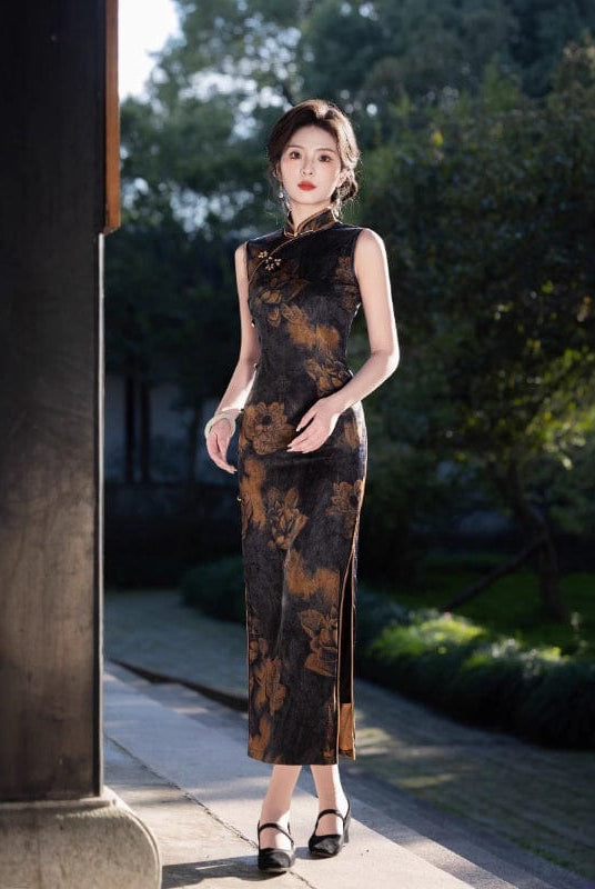 Beth and Brian Qipao-FRY Sleeveless, New Chinese style(新中式), black long Cheongsam