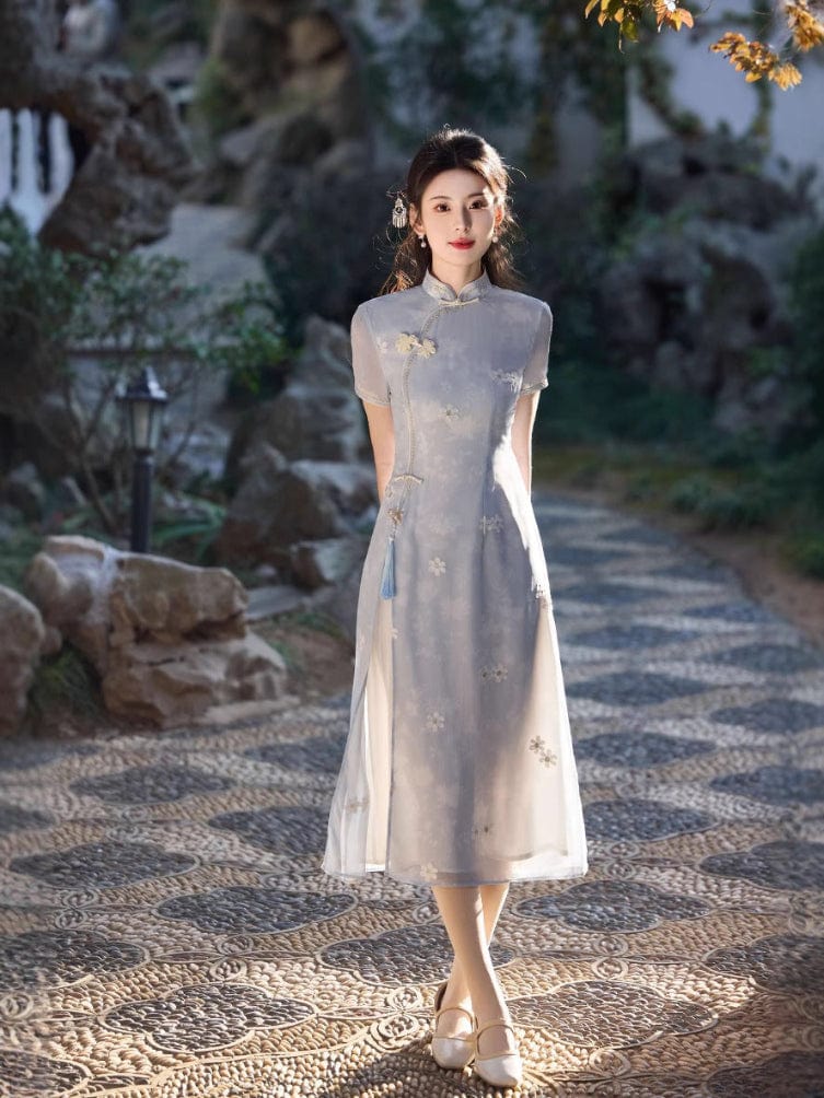 Beth and Brian Qipao-CZX Chiffon fabric, floral pattern midi Ao dai