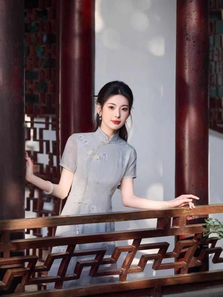 Beth and Brian Qipao-CZX Chiffon fabric, floral pattern midi Ao dai