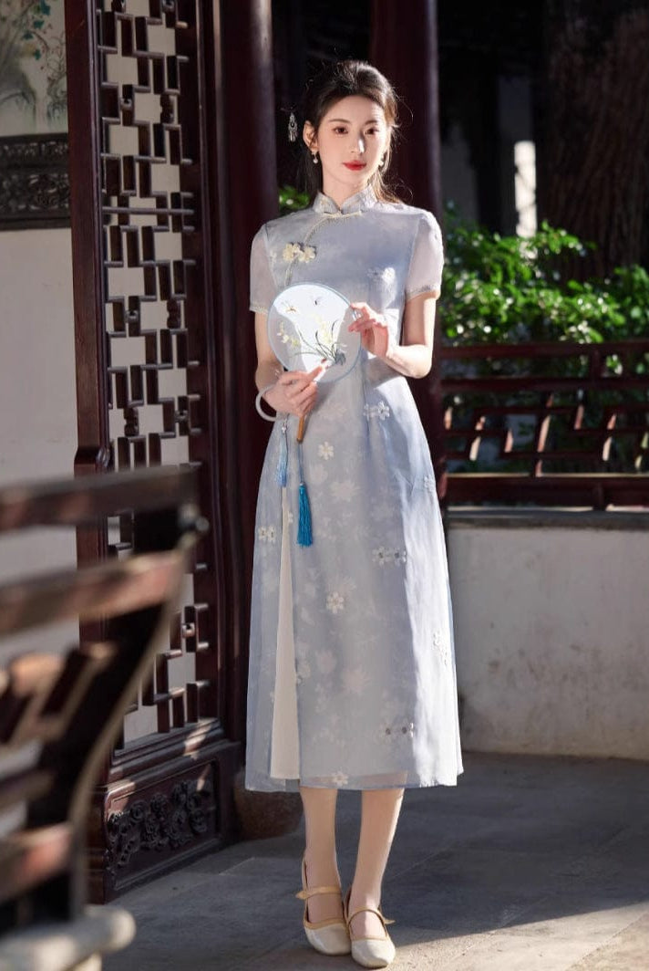 Beth and Brian Qipao-CZX Chiffon fabric, floral pattern midi Ao dai