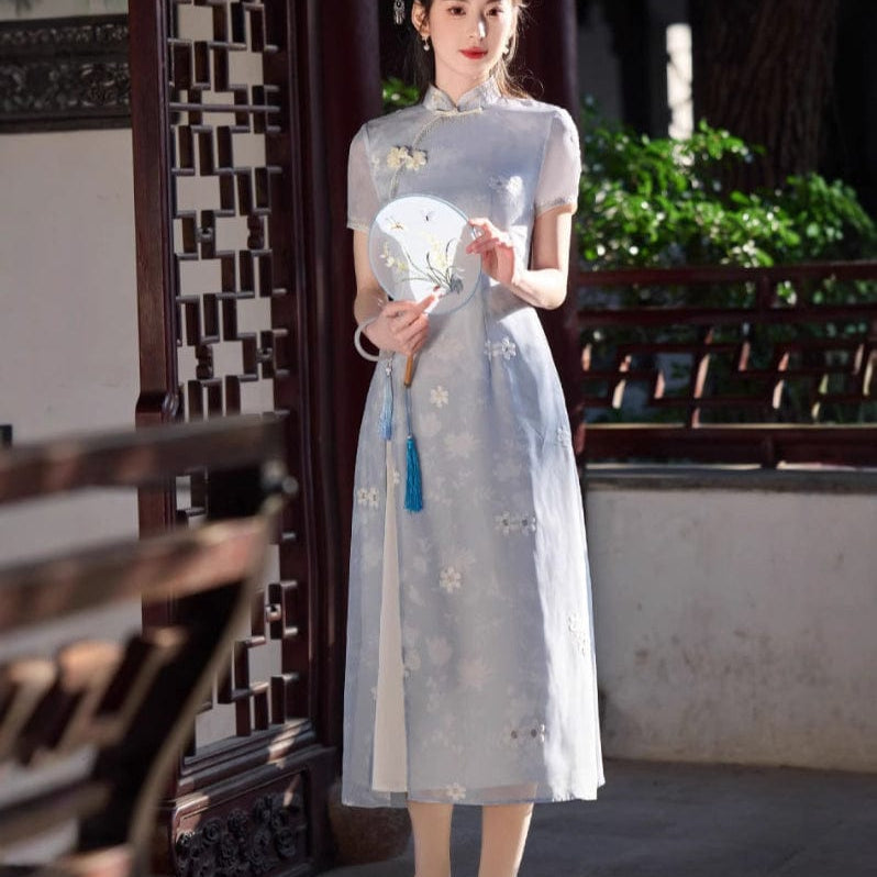 Beth and Brian Qipao-CZX Chiffon fabric, floral pattern midi Ao dai