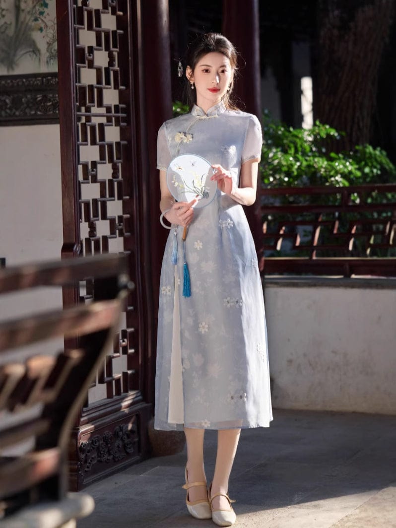 Beth and Brian Qipao-CZX Chiffon fabric, floral pattern midi Ao dai