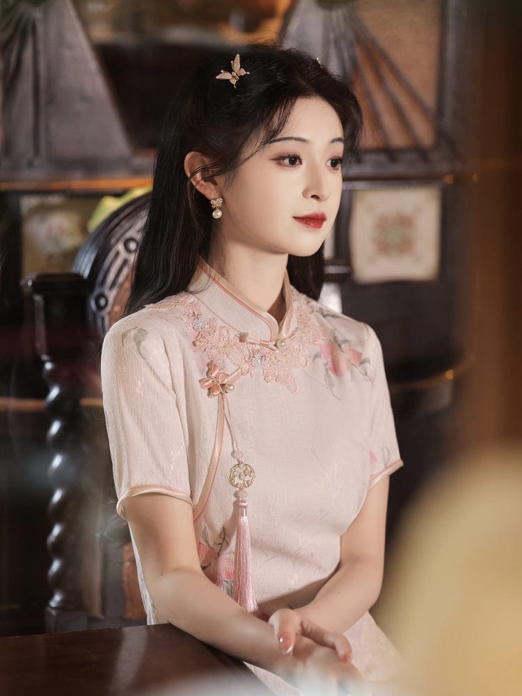 Beth and Brian Qipao-LSB Peach pattern, casual lace pink Cheongsam