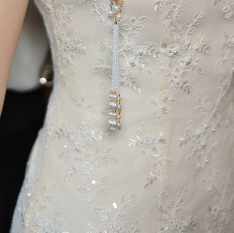 Beth and Brian Qipao-XHZ Floral embroidery, wedding white midi Qipao