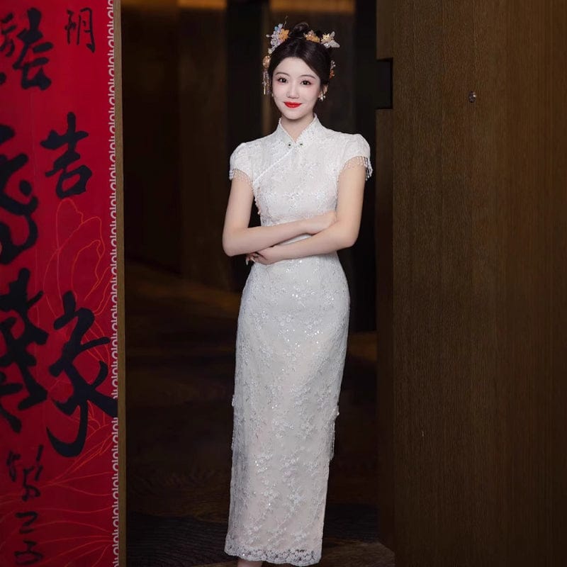 Beth and Brian Qipao-XHZ Floral embroidery, wedding white midi Qipao