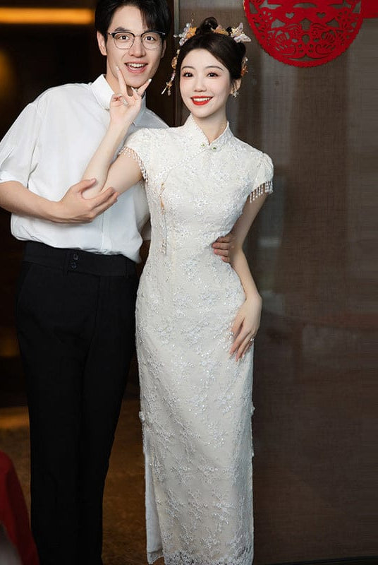 Beth and Brian Qipao-XHZ Floral embroidery, wedding white midi Qipao