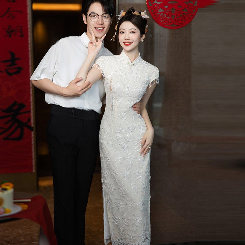 Beth and Brian Qipao-XHZ Floral embroidery, wedding white midi Qipao