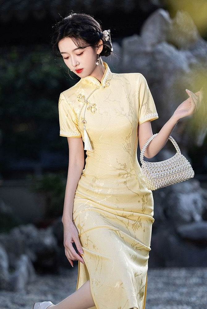 Beth and Brian Qipao-LSB Summer collection, jacquard fabric, yellow midi Cheongsam