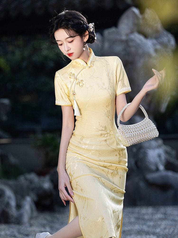 Beth and Brian Qipao-LSB Summer collection, jacquard fabric, yellow midi Cheongsam