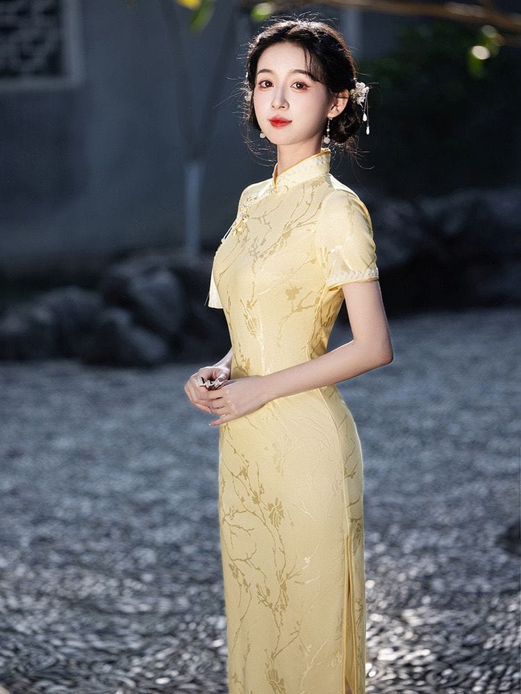 Beth and Brian Qipao-LSB Summer collection, jacquard fabric, yellow midi Cheongsam