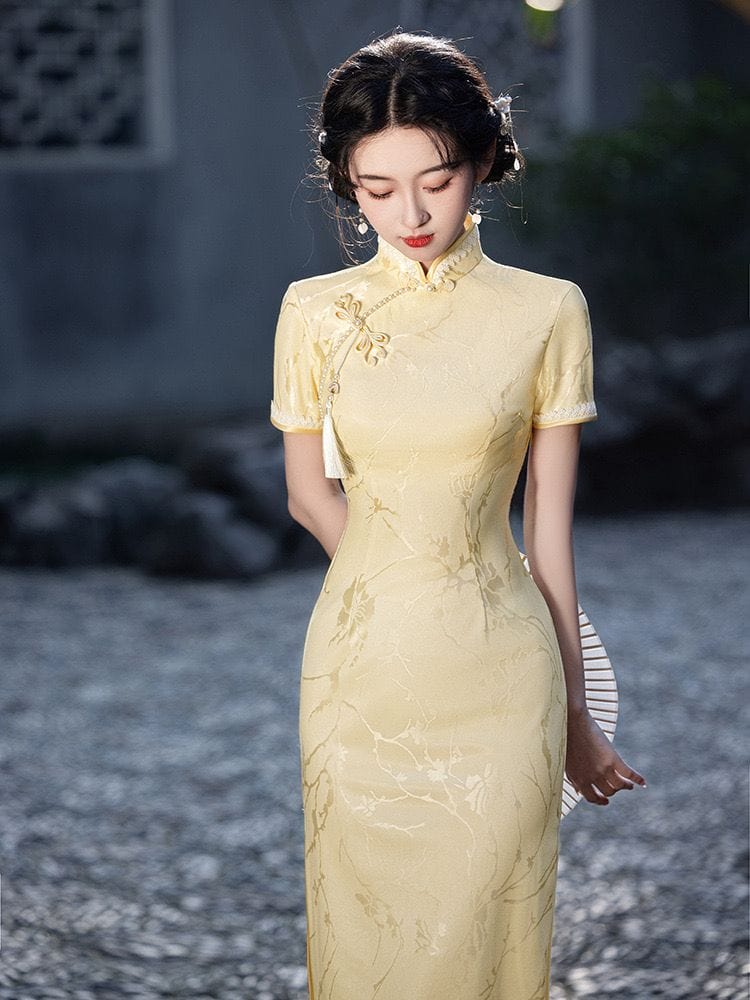 Beth and Brian Qipao-LSB Summer collection, jacquard fabric, yellow midi Cheongsam