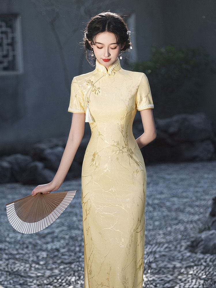 Beth and Brian Qipao-LSB Summer collection, jacquard fabric, yellow midi Cheongsam