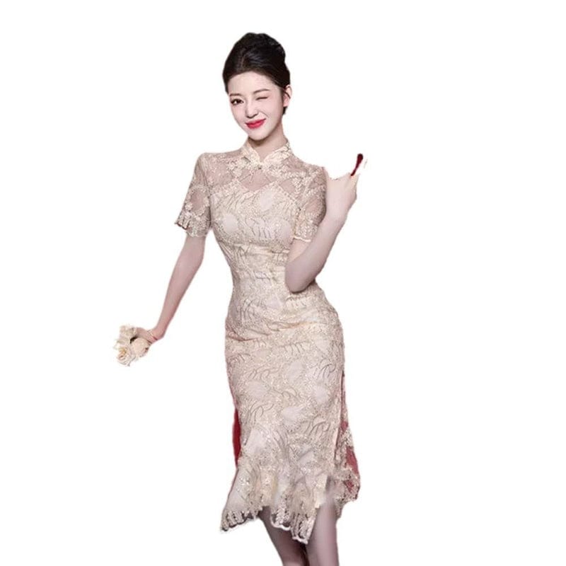 Beth and Brian Qipao-XHZ Summer collection, wedding champagne midi Cheongsam