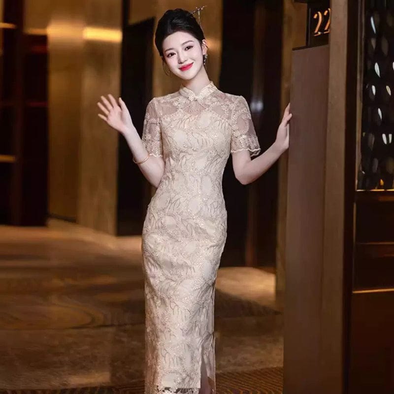 Beth and Brian Qipao-XHZ Summer collection, wedding champagne midi Cheongsam