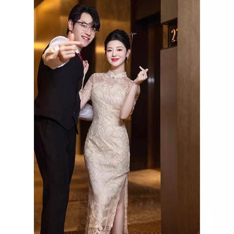 Beth and Brian Qipao-XHZ Summer collection, wedding champagne midi Cheongsam