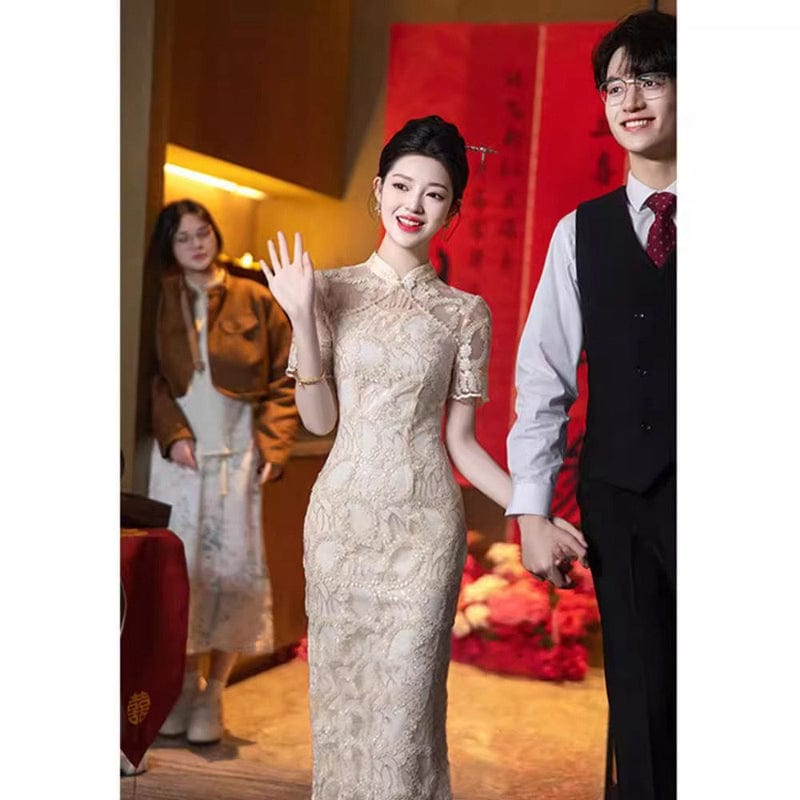 Beth and Brian Qipao-XHZ Summer collection, wedding champagne midi Cheongsam