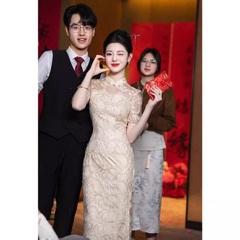 Beth and Brian Qipao-XHZ Summer collection, wedding champagne midi Cheongsam