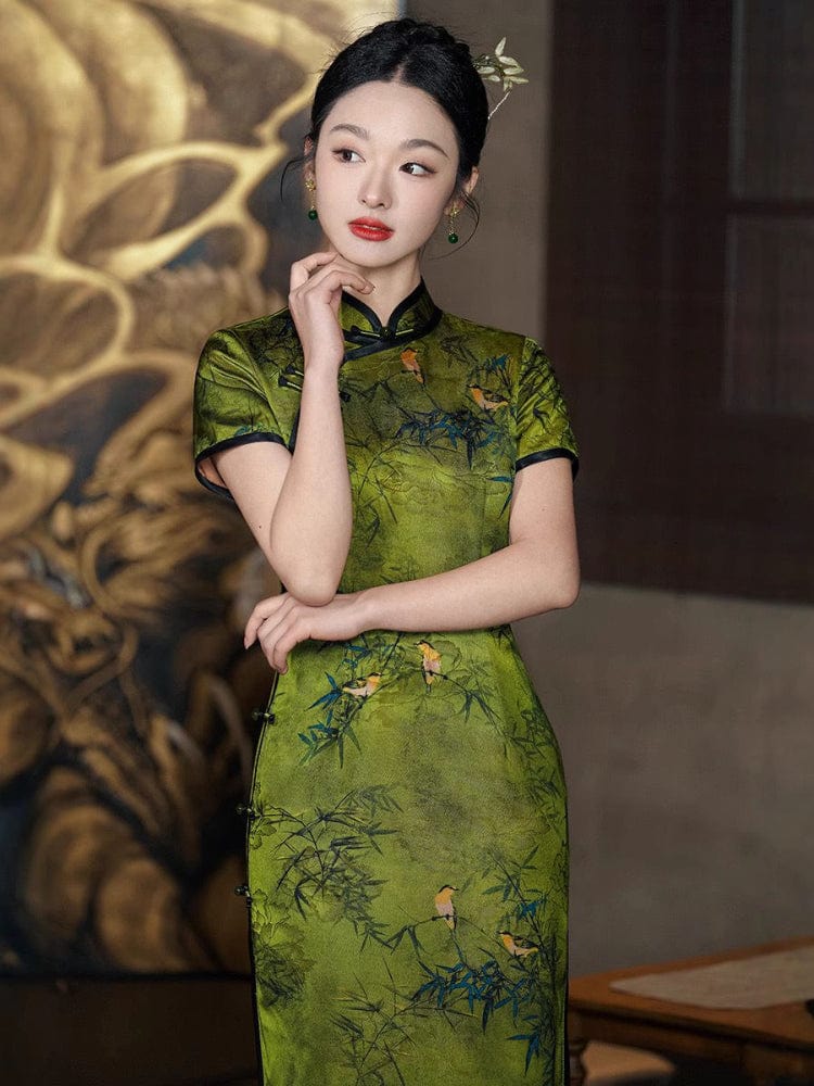 Beth and Brian Qipao-TF Bamboo pattern, Jacquard silk, green long Cheongsam