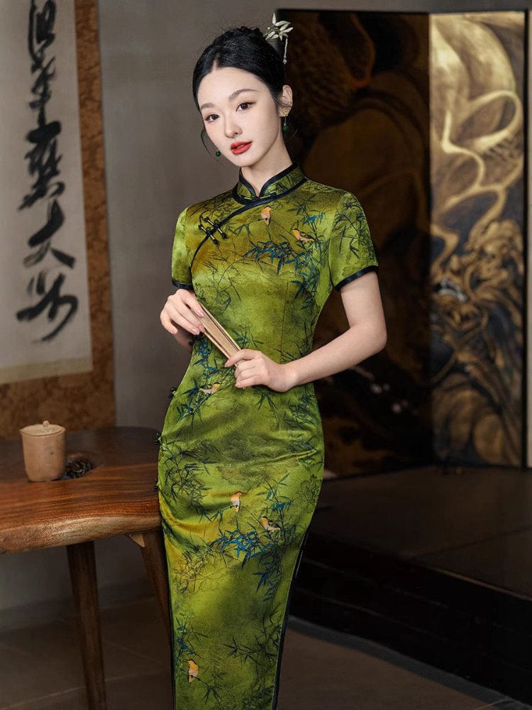 Beth and Brian Qipao-TF Bamboo pattern, Jacquard silk, green long Cheongsam