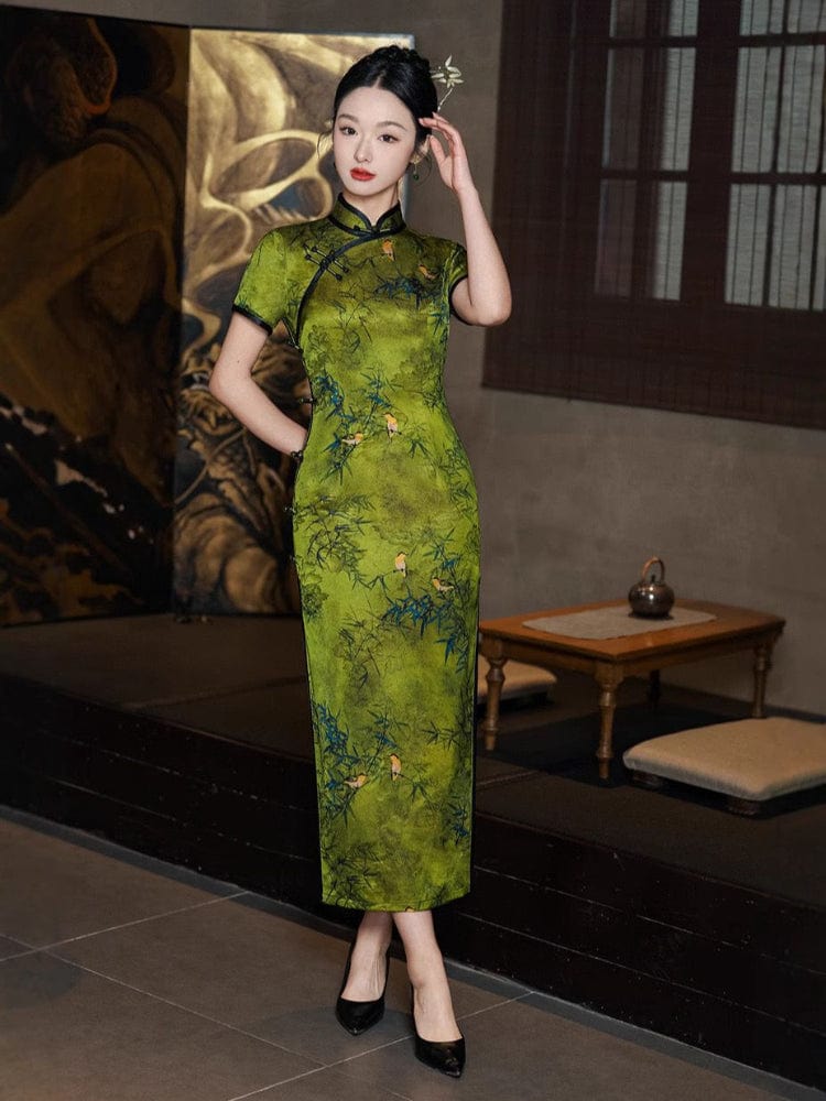 Beth and Brian Qipao-TF Bamboo pattern, Jacquard silk, green long Cheongsam