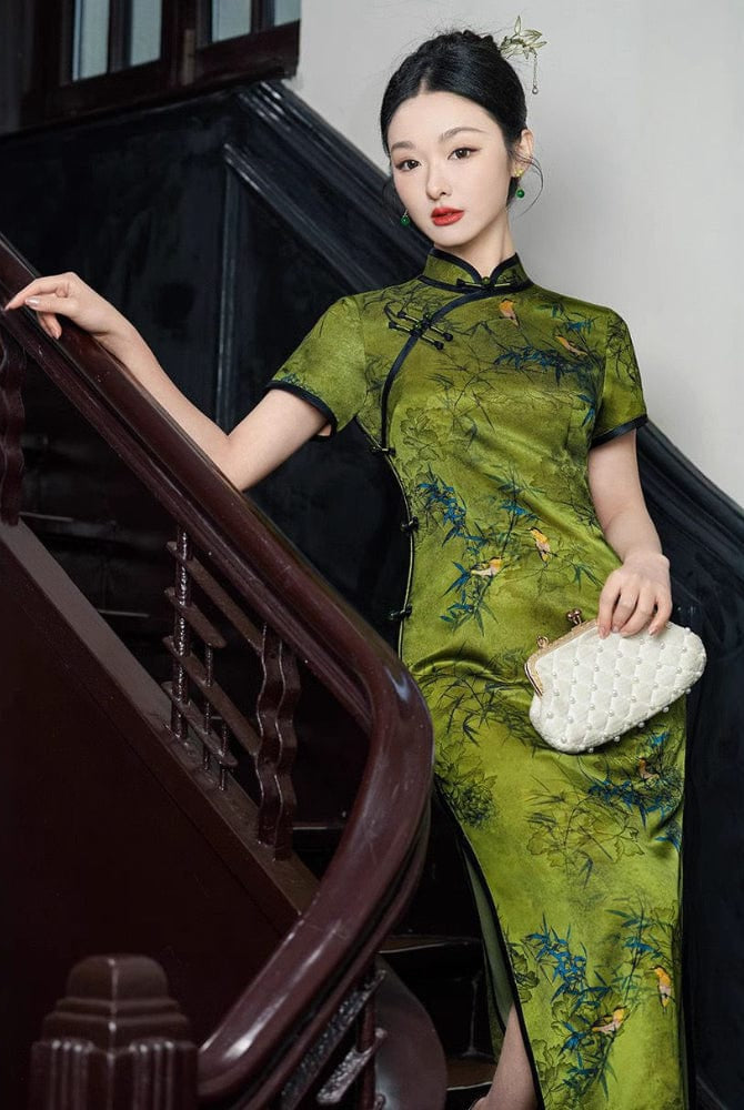 Beth and Brian Qipao-TF Bamboo pattern, Jacquard silk, green long Cheongsam