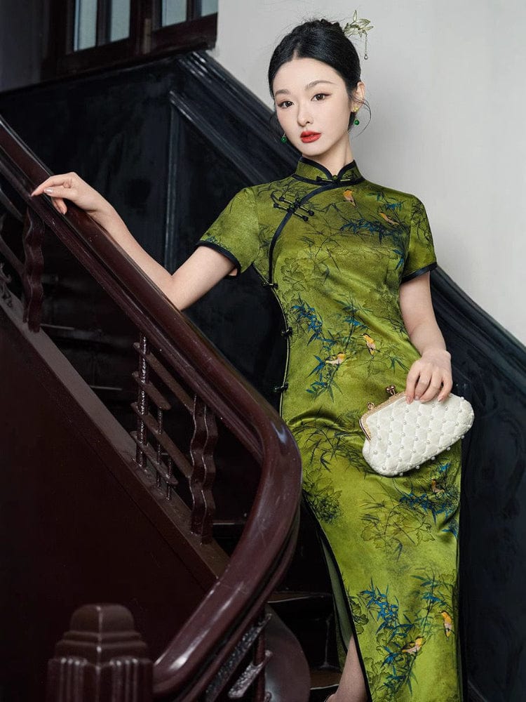 Beth and Brian Qipao-TF Bamboo pattern, Jacquard silk, green long Cheongsam
