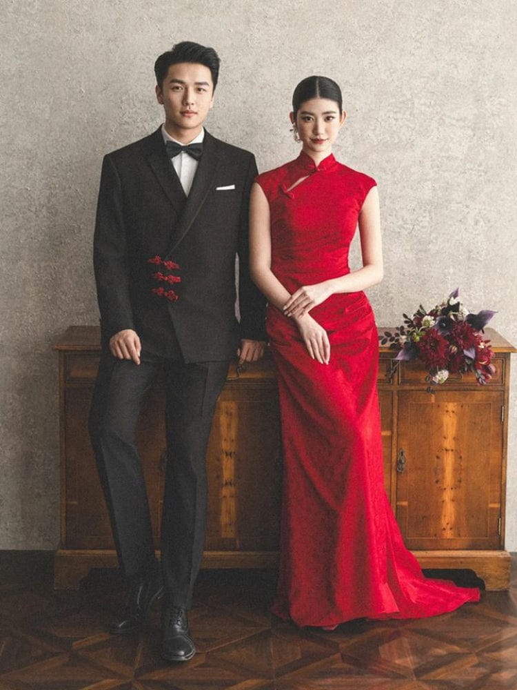 Beth and Brian Qipao-YST New Chinese style (新中式), floral pattern, long red Cheongsam