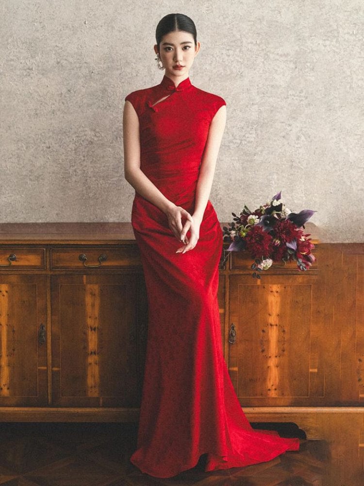 Beth and Brian Qipao-YST New Chinese style (新中式), floral pattern, long red Cheongsam