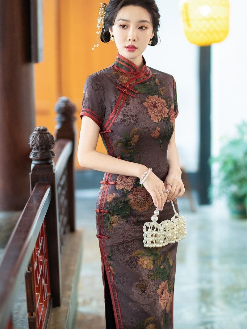 Beth and Brian Qipao-TQX Hua luo satin, floral print, green&purple long Cheongsam