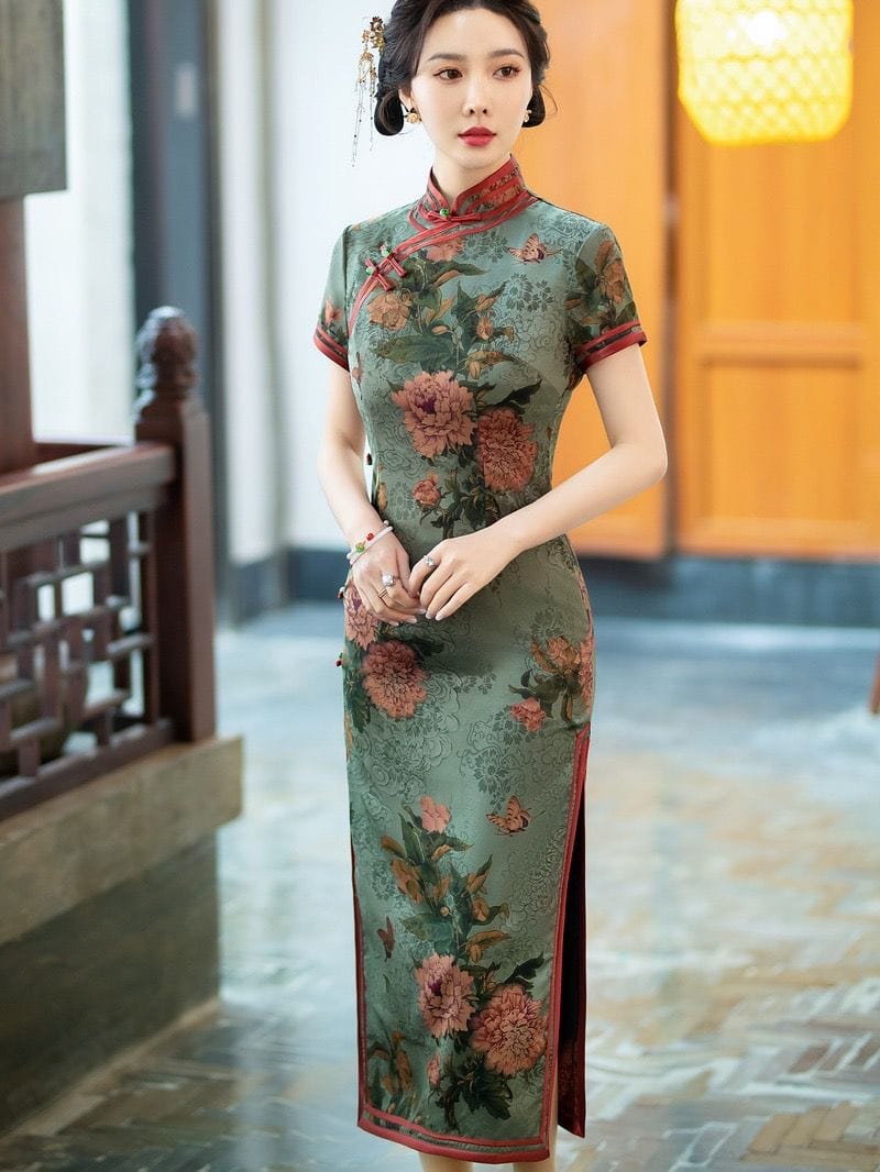 Beth and Brian Qipao-TQX Hua luo satin, floral print, green&purple long Cheongsam