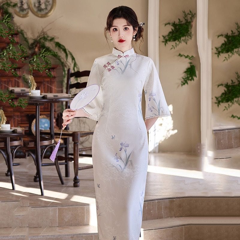 Beth and Brian Qipao-ZQYS Floral pattern, jacquard white midi Cheongsam