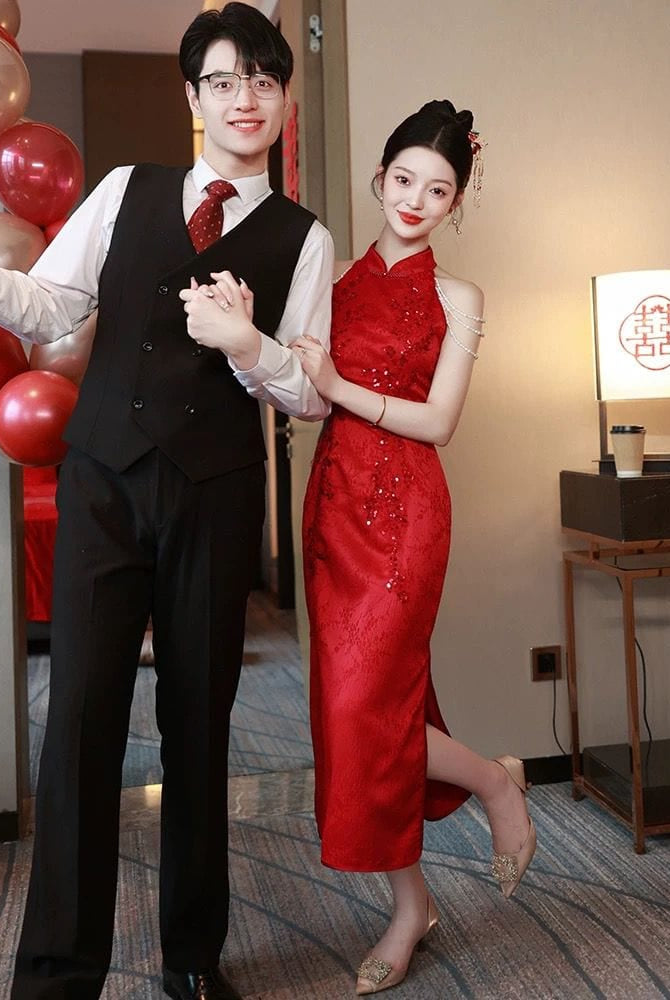 Beth and Brian Qipao-FMS Sleeveless, halter wedding midi Cheongsam