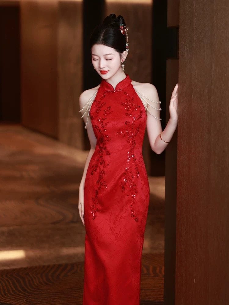 Beth and Brian Qipao-FMS Sleeveless, halter wedding midi Cheongsam