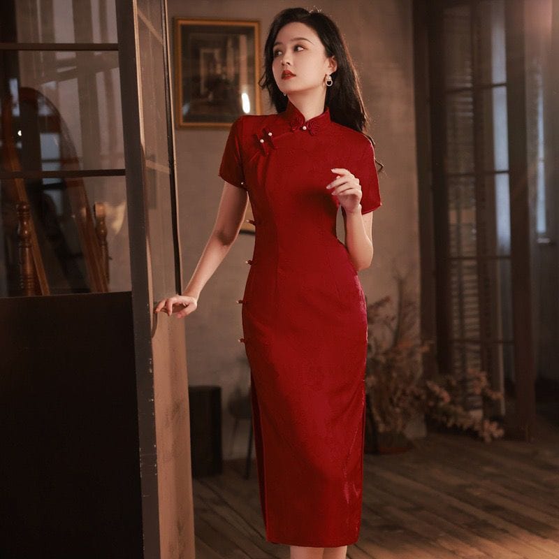 Beth and Brian Qipao-YG Summer collection, wedding red midi Cheongsam