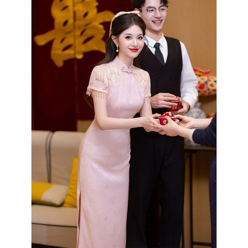 Beth and Brian Qipao-HY Floral pattern, wedding pink Cheongsam