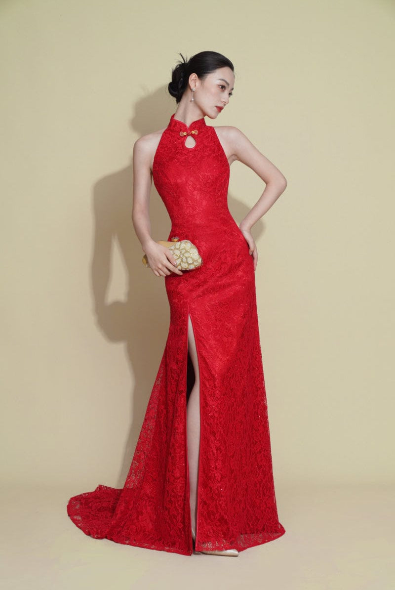 Beth and Brian Qipao - Exclusive Exclusive designer collection, halter lace fishtail Cheongsam