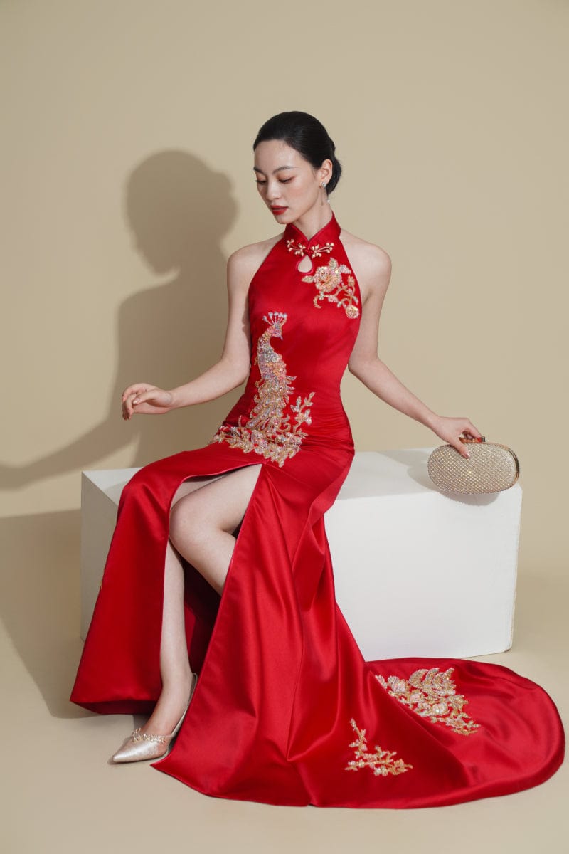 Beth and Brian Qipao - Exclusive Exclusive designer collection, peacock embroidery, halter fishtail Cheongsam