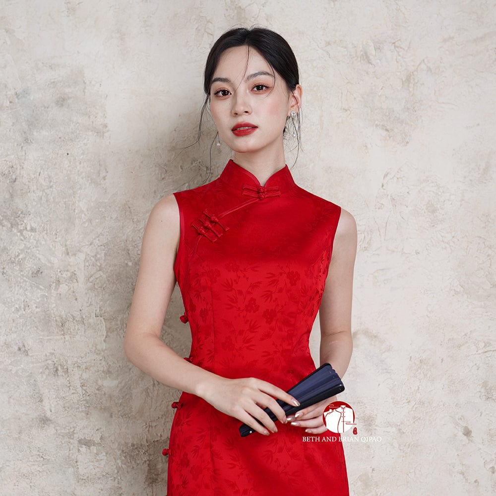 Beth and Brian Qipao-Exclusivedesigner Exclusive designer collection, sleeveless, satin red midi Qipao