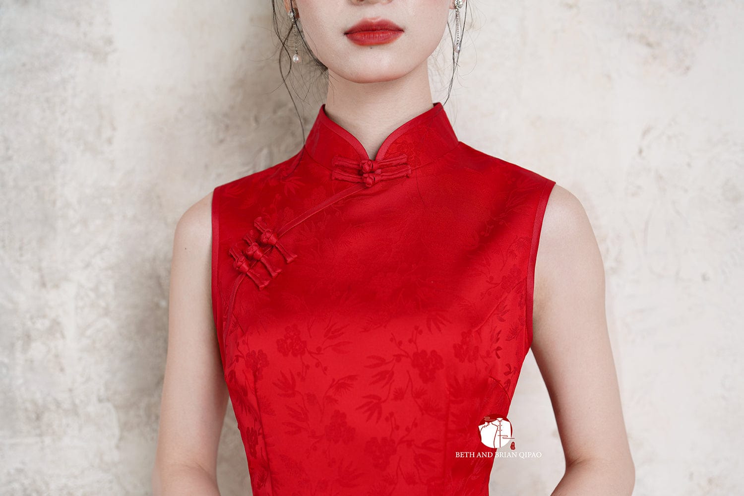Beth and Brian Qipao-Exclusivedesigner Exclusive designer collection, sleeveless, satin red midi Qipao