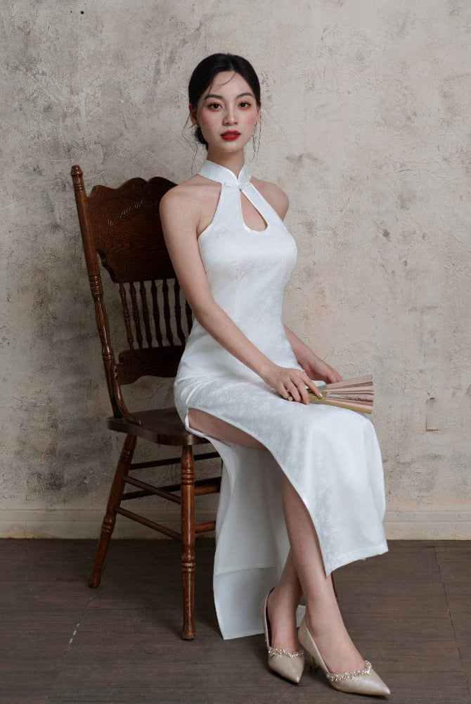 Beth and Brian Qipao-Exclusivedesigner Exclusive designer collection, water-drop collar satin long Qipao