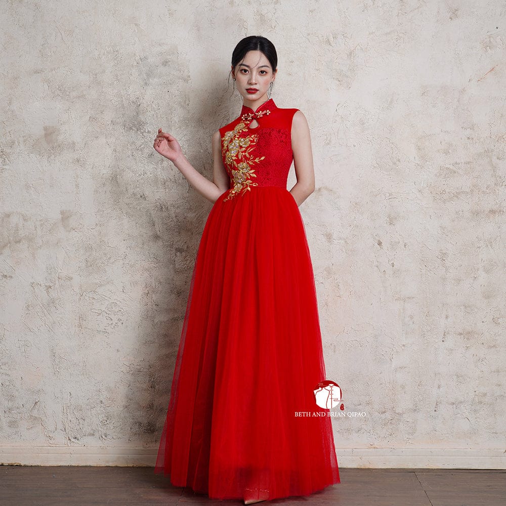 Beth and Brian Qipao - Exclusive Exclusive designer collection, Floral embroidery, A-line floor length Cheongsam