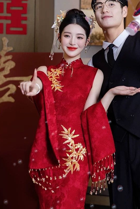 Beth and Brian Qipao-GR Maple leaf embroidery, wedding midi Qipao set