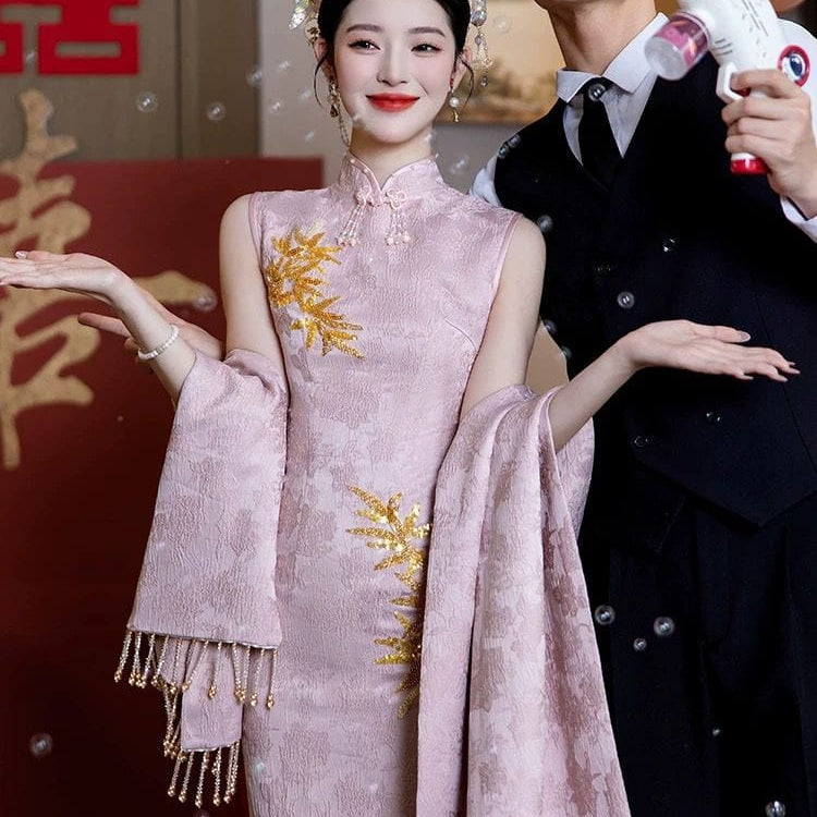 Beth and Brian Qipao-GR Maple leaf embroidery, wedding midi Qipao set