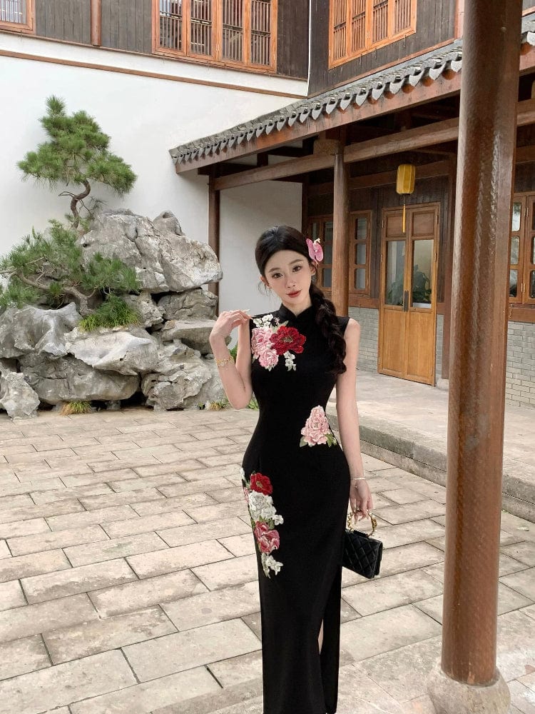 Beth and Brian Qipao-MIMO Sleeveless, New Chinese style(新中式), black long Cheongsam