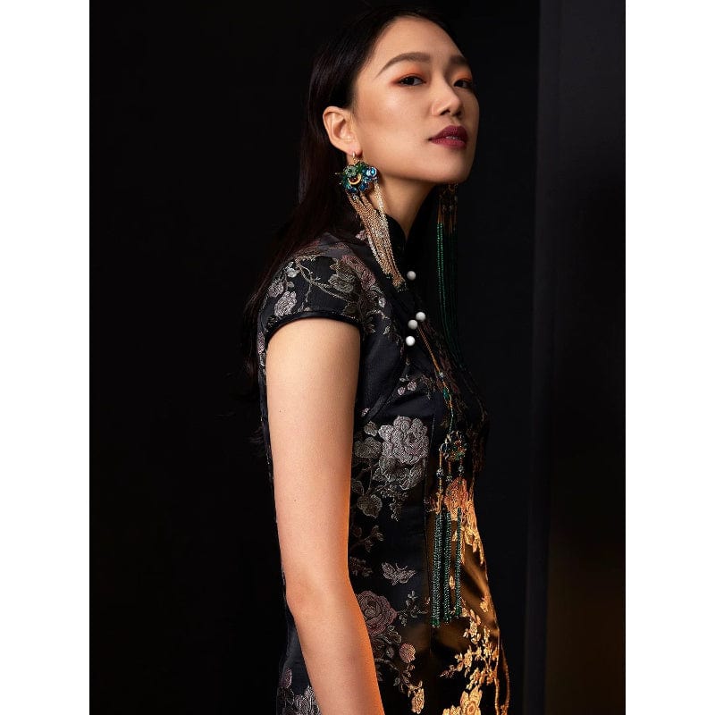 Beth and Brian Qipao - FL High end black brocade short Qipao with cap sleeves