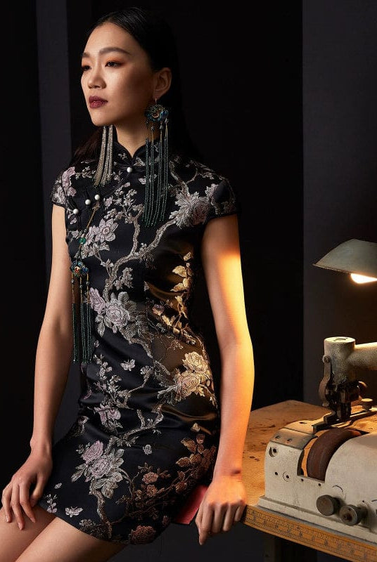Beth and Brian Qipao - FL High end black brocade short Qipao with cap sleeves