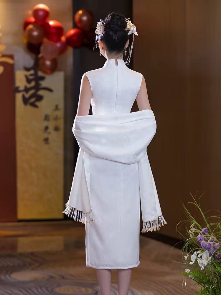 Beth and Brian Qipao-GR Leaf embroidery, wedding white midi Qipao set