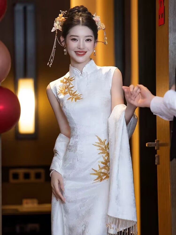 Beth and Brian Qipao-GR Leaf embroidery, wedding white midi Qipao set