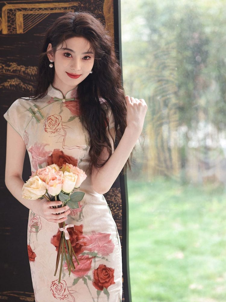 Beth and Brian Qipao-DAF Floral pattern, pink midi Cheongsam