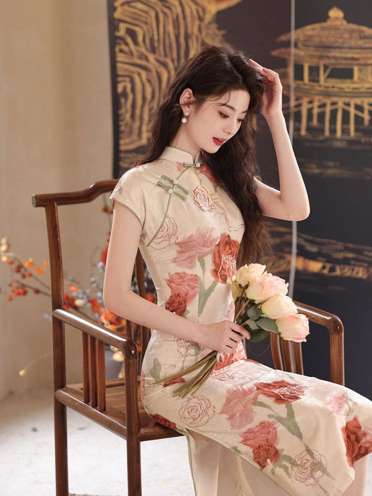 Beth and Brian Qipao-DAF Floral pattern, pink midi Cheongsam